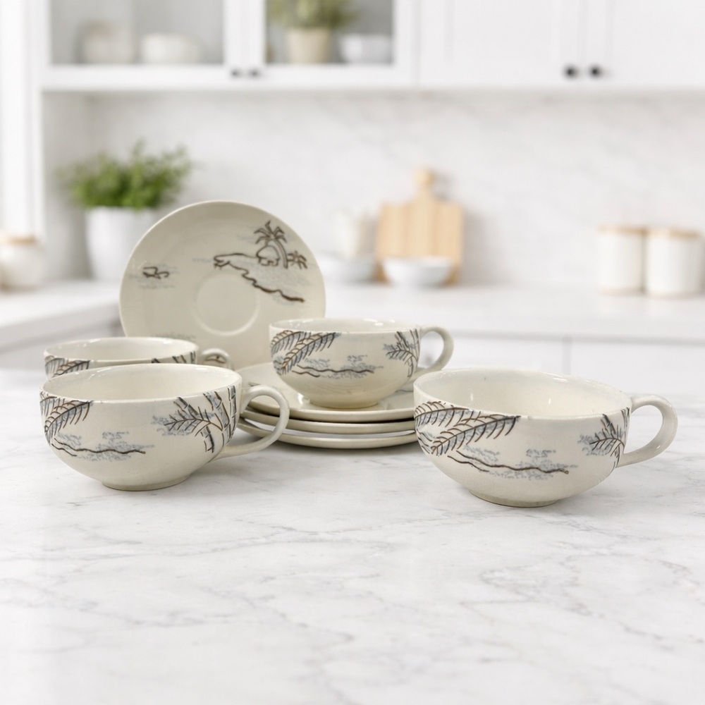 Harmony House Caribbean Cup & Saucer Set of 4 Coastal Scene - Vintage
